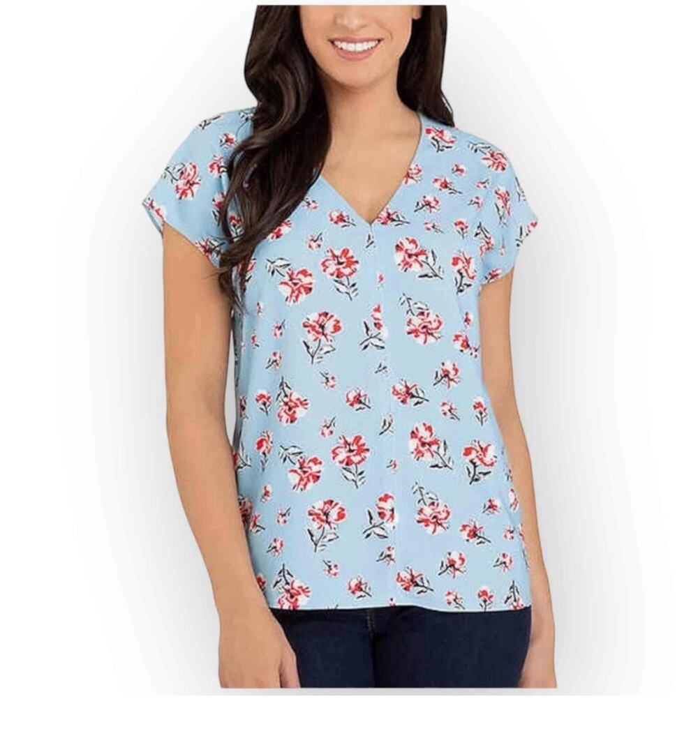 NWT Hilary Radley Ladies V-Neck Blouse, Blue Floral Combo, Size Large - 570L